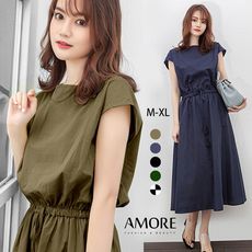 【AMORE】日韓氣質平口領棉麻短袖洋裝