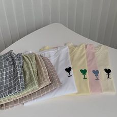休閒 舒適 睡衣 居家服 寬鬆 T桖 + 直筒 闊腿 格子褲 套裝(E286)