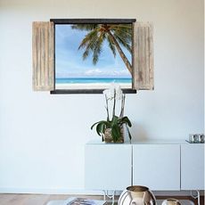 現貨 椰子樹假窗 壁貼 3D立體壁貼 海洋沙攤 可重覆黏貼 貼紙 辦公室 客廳 臥室貼 假窗戶風景