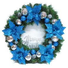 摩達客耶誕-台製24吋豪華高級聖誕花圈(藍花銀球系)(免組裝/本島免運費)