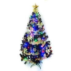 摩達客 台製5尺150cm時尚豪華黑聖誕樹+金銀色配件+ LED100燈彩光2串-附跳機控制器