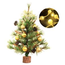 60cm高級開花黃枝松針原木底座聖誕樹/含金球松果配件+20燈LED氣泡圓球款-暖白燈