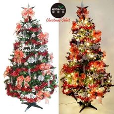 摩達客耶誕-幸福6尺(180cm)一般型裝飾綠色聖誕樹+銀雪花紅系配件+100燈LED燈暖白光一串