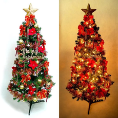摩達客耶誕-幸福6尺(180cm)一般型裝飾綠色聖誕樹+紅金色系配件+100燈LED燈暖白光一串