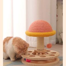 【AOYI奧藝】實木益智貓轉盤 蘑菇造型劍麻貓抓柱 貓抓板 貓抓球