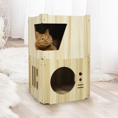 北歐風 可疊式雙層木箱貓抓板貓窩-加大梯形/電視機