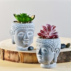 【YU Living】仿真佛祖造型多肉植物水泥小盆栽二件組 人造盆栽(二件一組/高13公分/2色)
