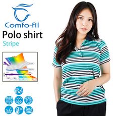 COMFO-FIL 康鳳 女款光能美肌短袖POLO衫-黑綠條紋深藍領