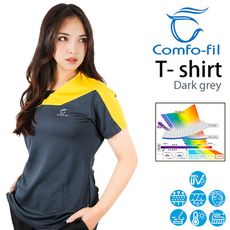 COMFO-FIL 康鳳 女款光能美肌短袖六角網圓領T恤-藏青配黃