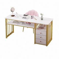 輕奢美甲桌-三抽 長方形化妝桌 多層收納桌 千鳥格雙層 儲物臥室桌子DIY