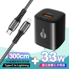 Mystyle 33W氮化鎵PD+QC充電器黑+CB PD耐彎折快充線300CM灰 iP14系列快充