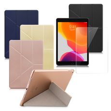 Xmart for iPad 2019 10.2吋 清新簡約超薄Y折皮套+鋼化玻璃貼組合