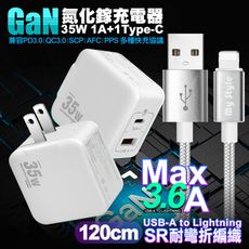 VOORCA精裝1C+1A孔35W氮化鎵充電器(白)+MS耐彎折編織線 USB to L-120cm