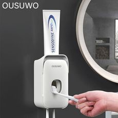 【OUSUWO歐舒沃】擠牙膏器 可放牙刷 多功能 壁掛式 無痕背膠 擠牙膏 牙刷 置物架