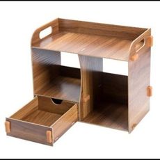 桌面抽屜式收納盒木製文具書架辦公桌創意木質整理置物架1入