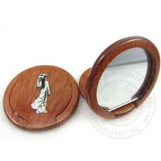 木雕化妝鏡花梨木便攜式梳妝鏡圓形鑲貝殼化妝鏡子