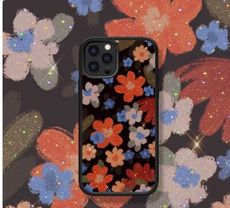 適用iPhone13蘋果13彩色花朵手機殼浪漫創意黑色