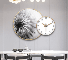 餐廳裝飾畫 玄關畫 時鐘 掛鐘 掛件 掛畫 現代簡約蒲公英時鐘 客廳帶鐘表 掛畫黑白飯廳組合壁畫