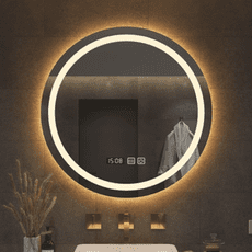 化妝鏡 50CM單色光+時間溫度顯示 智能圓鏡 浴室鏡 led燈壁掛鏡 衛浴鏡帶燈觸摸屏防霧發光鏡