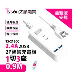 【699免運】太順 2P USB 1切3座延長線 0.9M/3尺 台灣製造(TS-213CC)