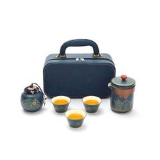 旅行茶具 茶具組 旅行茶具1壺3杯+茶葉罐(海藍色) 茶壺 陶瓷杯 泡茶 隨身茶具 茶具 泡茶 茶杯