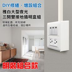 【朝日電工】 TL-3S2H+B 雅白大型夜光三開雙接地插座明盒組