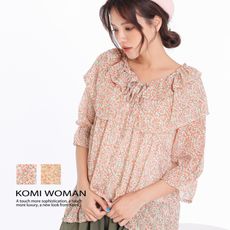 【KOMI】甜蜜小花雪紡荷葉娃娃上衣‧二色