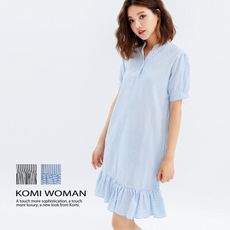 【KOMI】條紋小立領荷葉棉洋裝．二色