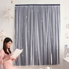 加高款 優雅雙層星星魔鬼氈窗簾 遮光窗簾 簡易黏貼 免打洞 租屋(120X200cm)
