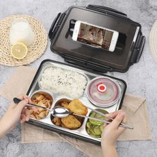加大款 北歐304不鏽鋼分格便當盒 (附餐具+湯碗+便當袋) 餐盒 保溫飯盒 餐盤 便當袋