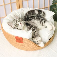 手工編織四季圓形寵物窩 藤編貓窩 貓床 睡墊 深度睡眠