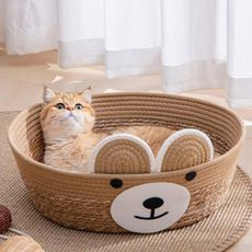 可愛小熊造型藤編貓窩(附贈睡墊)圓型貓窩 寵物窩 睡窩 編織涼窩 貓床 睡墊 深度睡眠