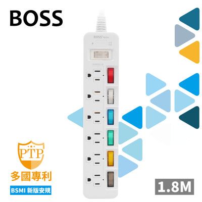 BOSS 7開6插3P高溫斷電延長線-1.8米 S-59AN  (紙袋)