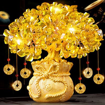 黃水晶發財樹(贈6個招財錢幣)(大號) 招財風水搖錢樹 開運飾品 創意開業禮品