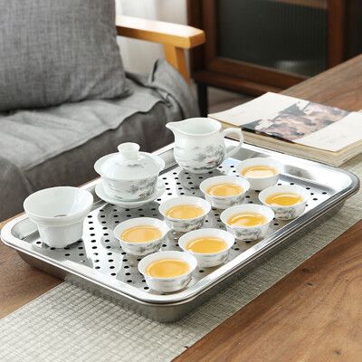 【居家家】加厚不鏽鋼茶盤 茶具套裝 12頭陶瓷茶具 茶杯 三才蓋碗 功夫茶具 茶道 儲水茶盤 瀝水盤