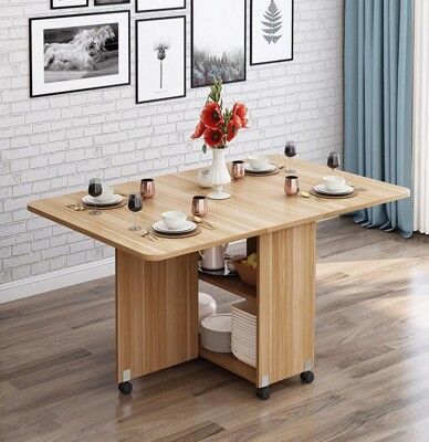 木製折疊餐桌家用小戶型長方形簡約易可伸縮移動吃飯桌子4-6人
