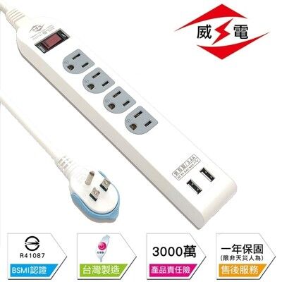 【1開4插+雙USB-(6尺)】《台灣製造》威電延長線 延長線 電腦延長線 耐熱防火 過載保護