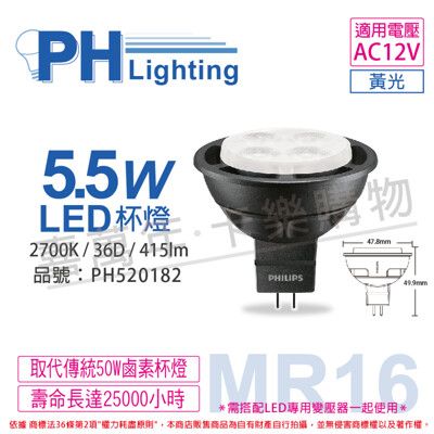 【PHILIPS飛利浦】LED 5.5W 2700K 黃光 36D 12V MR16 杯燈