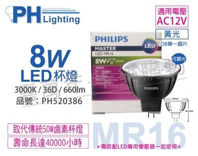 【PHILIPS飛利浦】LED 8W 3000K 12V 36度 黃光 可調光 COB MR16杯燈