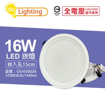 【OU CHYI歐奇照明】TK-AE004 LED 16W 5700K 白光 15cm 崁燈