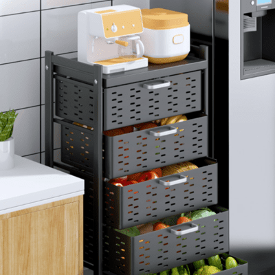廚房蔬菜收納架 置物架 帶抽屜多功能落地夾縫儲物櫃 多層水果蔬菜籃