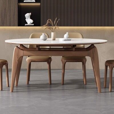 岩板伸縮餐桌 現代簡約家用小戶型實木折疊方變圓形吃飯桌子