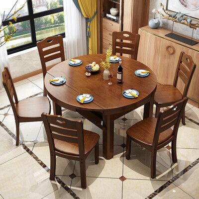 中式家具伸縮折疊全實木圓餐桌 小護型食堂餐廳飯桌子