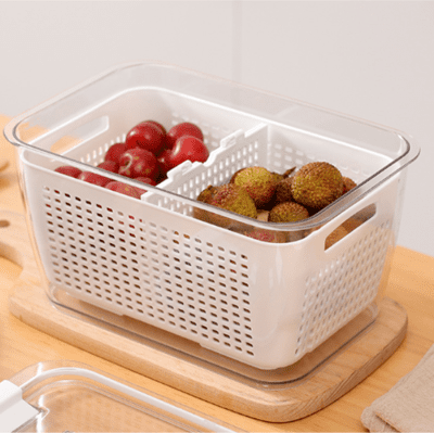 家用整理盒 廚房冰箱專用食品級PET保鮮盒 三分格蔬菜水果分隔保鮮透明塑料收納盒