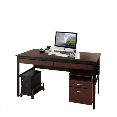 《DFhouse》巴菲特電腦辦公桌+雙抽屜+主機架+活動櫃-胡桃色 工作桌 電腦桌椅 辦公桌椅 書桌