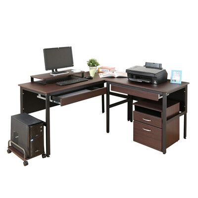 《DFhouse》頂楓150+90公分大L型工作桌+2抽屜+主機架+桌上架+活動櫃-胡桃色