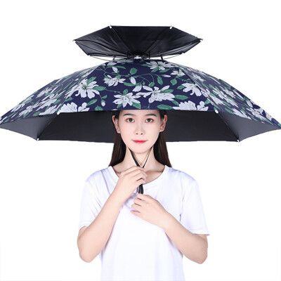 【居家寶盒】95CM雙層頭戴式雨傘 黑膠二折 晴雨兩用 戶外釣魚雨傘帽 防曬遮陽傘 橡膠頭圈