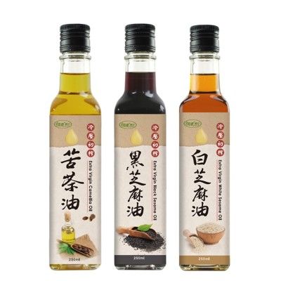 樸優樂活 冷壓初榨苦茶油+黑白麻油超值組(250ml*3瓶)