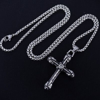 嘻哈風基督教天主教鈦鋼十字架項鍊(附60公分方格項鍊)