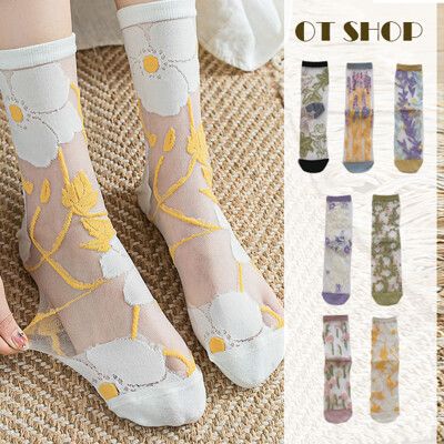 女款襪子 透膚絲襪 玻璃襪 中筒襪 日系花朵刺繡圖案 甜美可愛 現貨 M1203 OT SHOP